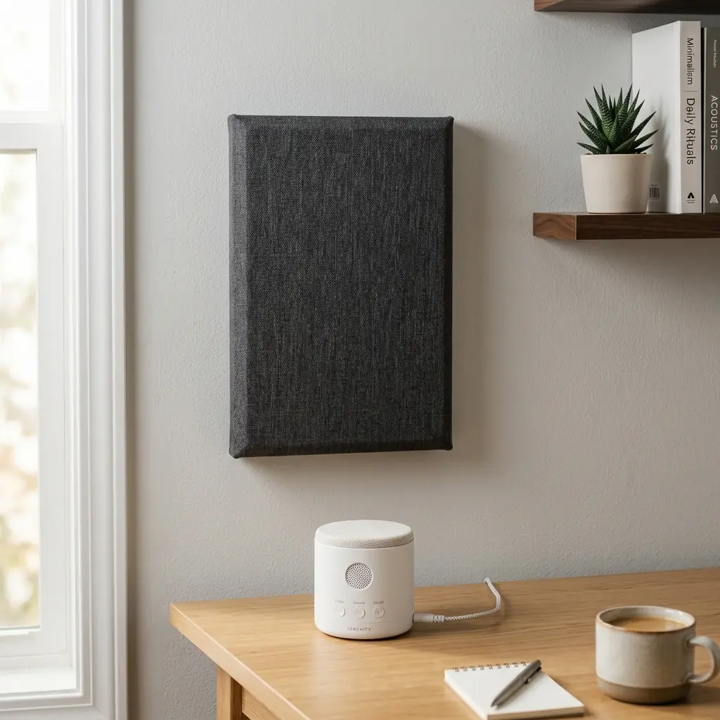 Charcoal fabric acoustic panel mounted on home office wall beside a white noise machine on the desk for sound absorption