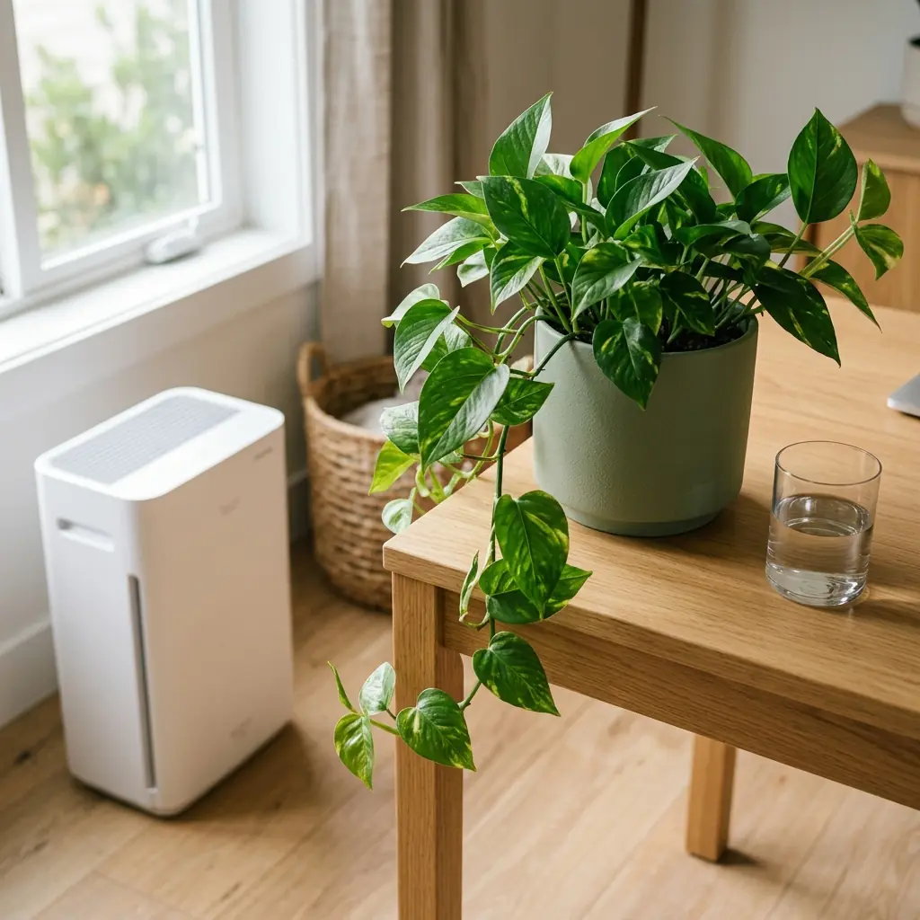 Pothos plant in sage green ceramic pot on desk corner beside white air purifier for workspace air quality improvement