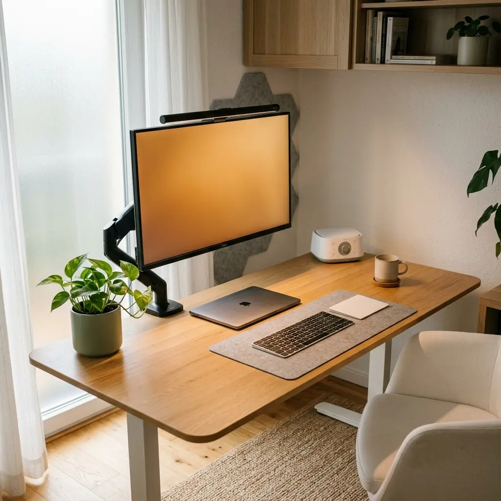 Minimalist home office workspace with monitor light bar, acoustic panel, and pothos plant showing complete workspace environmental design