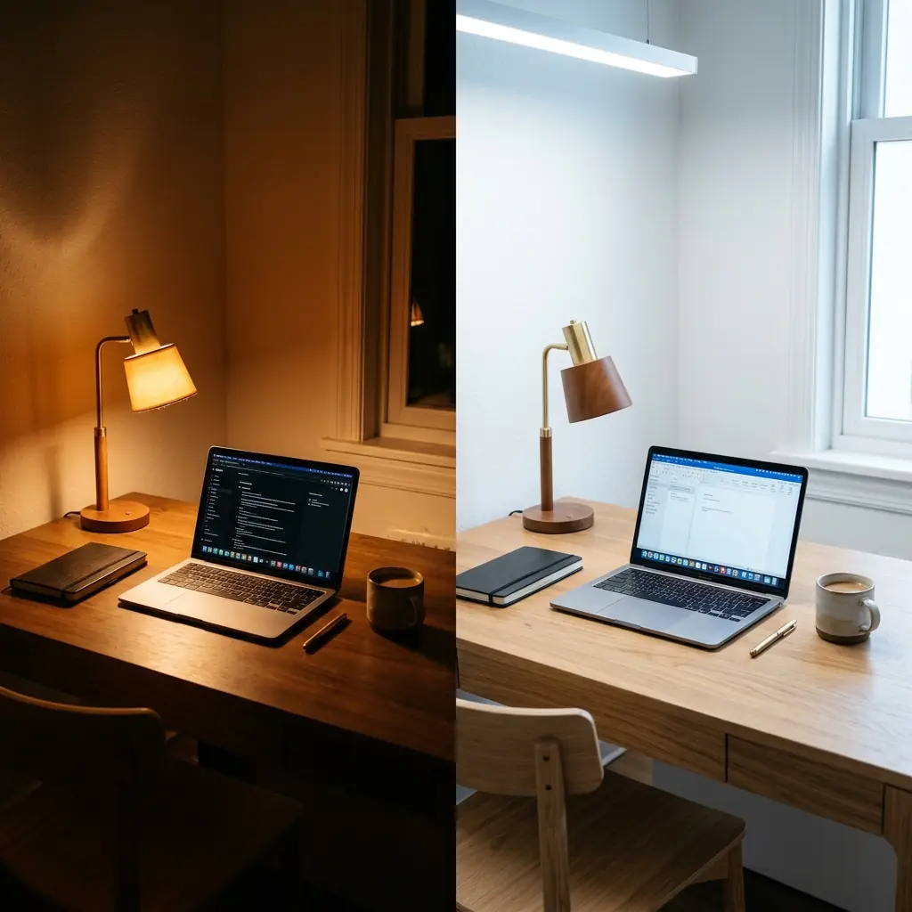 Side-by-side comparison of 2700K warm amber desk lighting versus 6500K cool white lighting showing dramatic difference in workspace color temperature