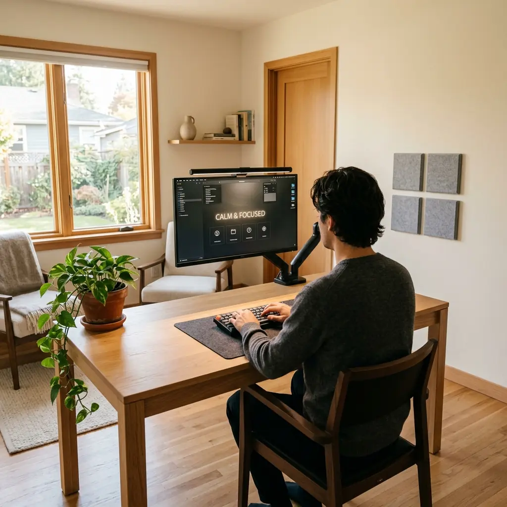 Person with good posture sitting at a complete minimalist home office workspace with monitor light bar, acoustic panels, and desk plant showing full workspace environmental design