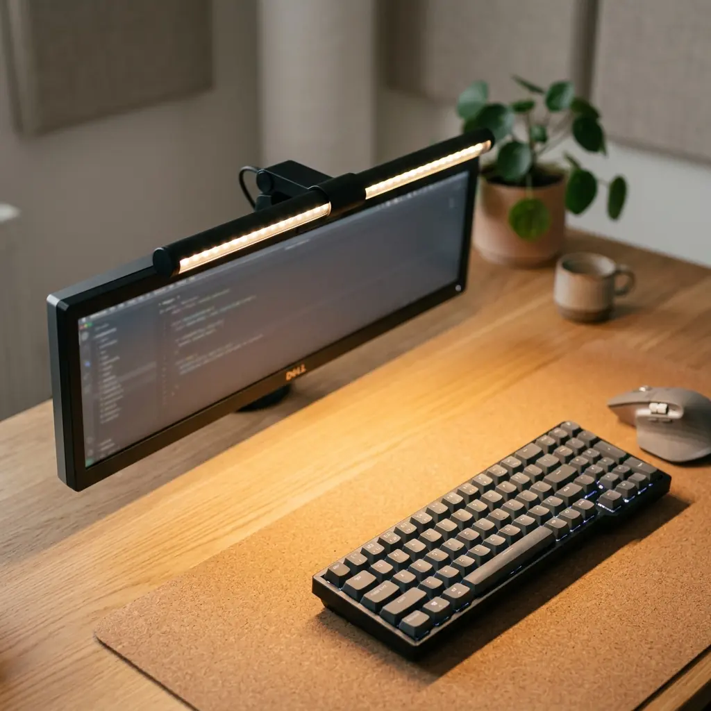 Monitor light bar mounted on desk monitor casting warm focused light onto a cork desk mat and mechanical keyboard