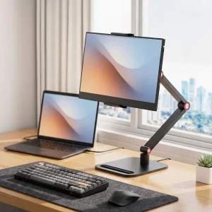 TidySetup universal desktop articulated monitor stand holding portable monitor beside laptop on oak desk