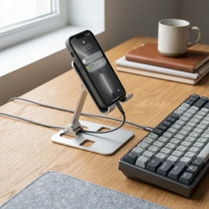 TidySetup universal aluminum adjustable phone stand with charging cable pass-through on desk