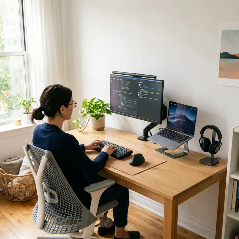 Best home office desk setup for remote workers with monitor on arm, laptop on aluminum stand, cork desk mat, headset stand, and pothos plant on oak desk