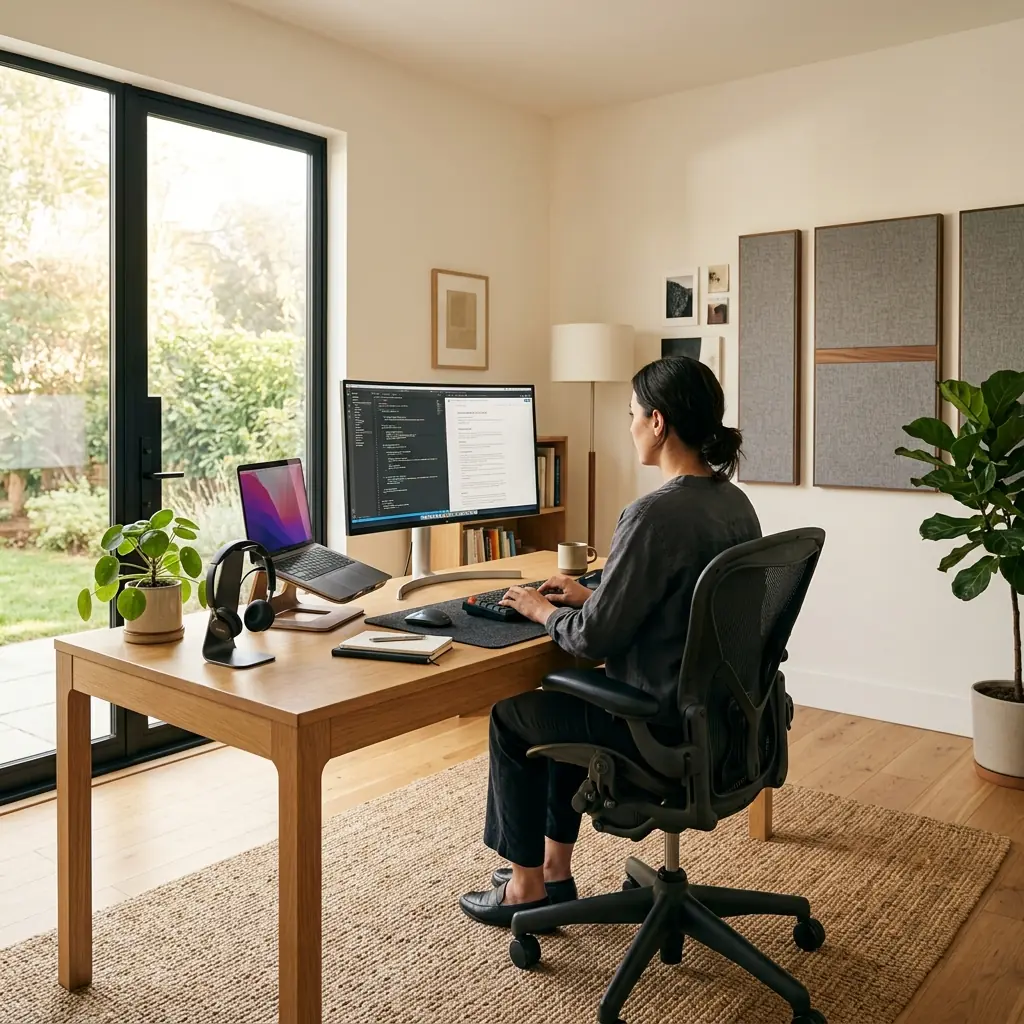Remote worker with excellent posture at a complete premium home office setup with monitor, laptop stand, headset on stand, acoustic panels on wall, and large plant beside the desk