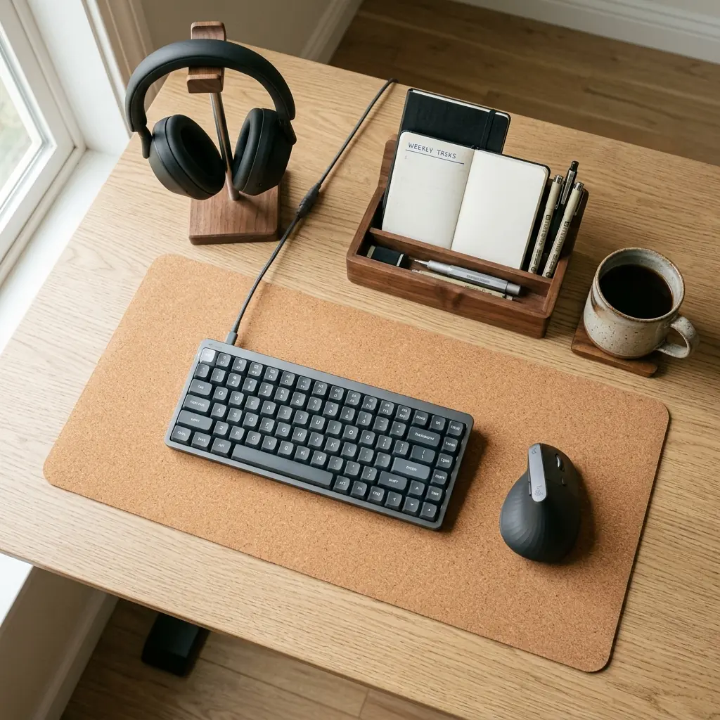 Well-organized remote worker desk surface overhead flat-lay with cork desk mat, compact keyboard, vertical mouse, headset stand, wooden desk organizer, and ceramic coffee mug