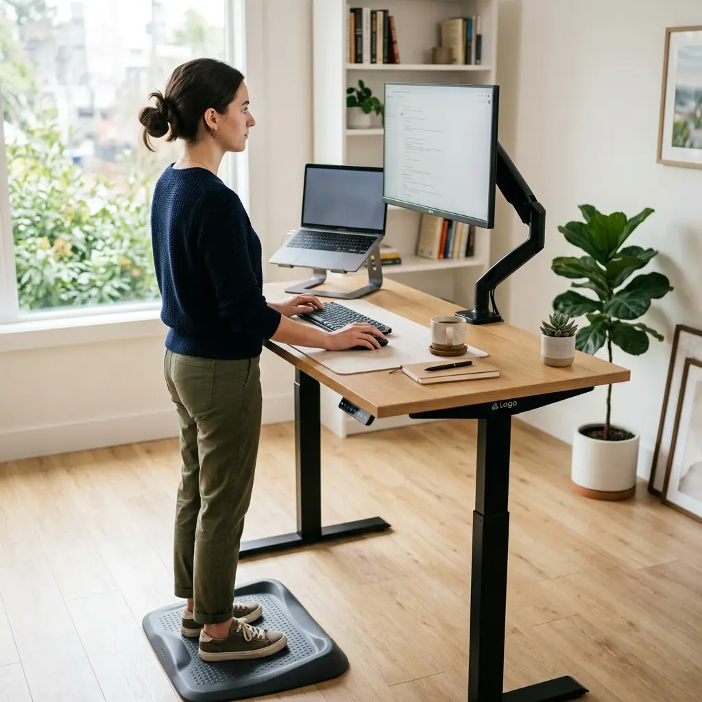 Remote worker standing at an electric height-adjustable standing desk with monitor at eye level on a monitor arm, laptop on aluminum stand, and anti-fatigue mat underfoot