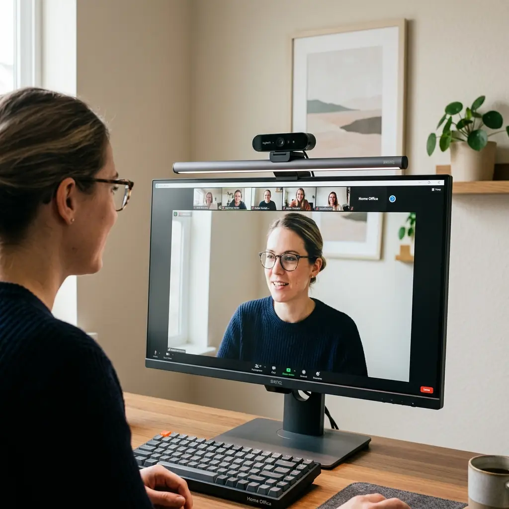 Remote worker on a professional video call with webcam mounted at eye level on monitor and monitor light bar providing even front lighting for a clean home office appearance